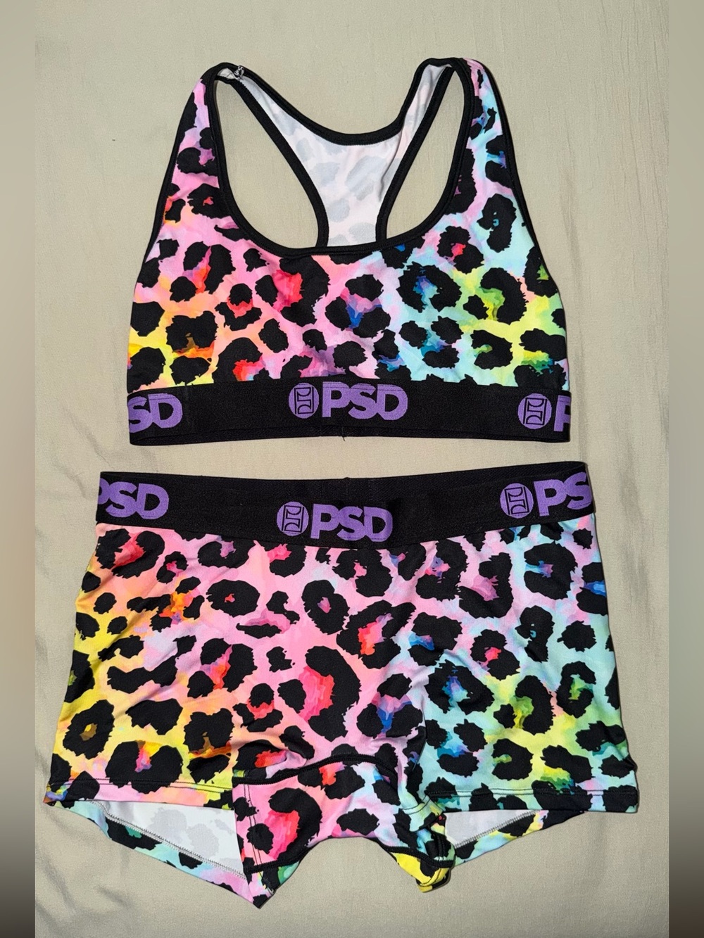 PSD, Rainbow Leopard Sports Bra & Boy Shorts - Black Trim